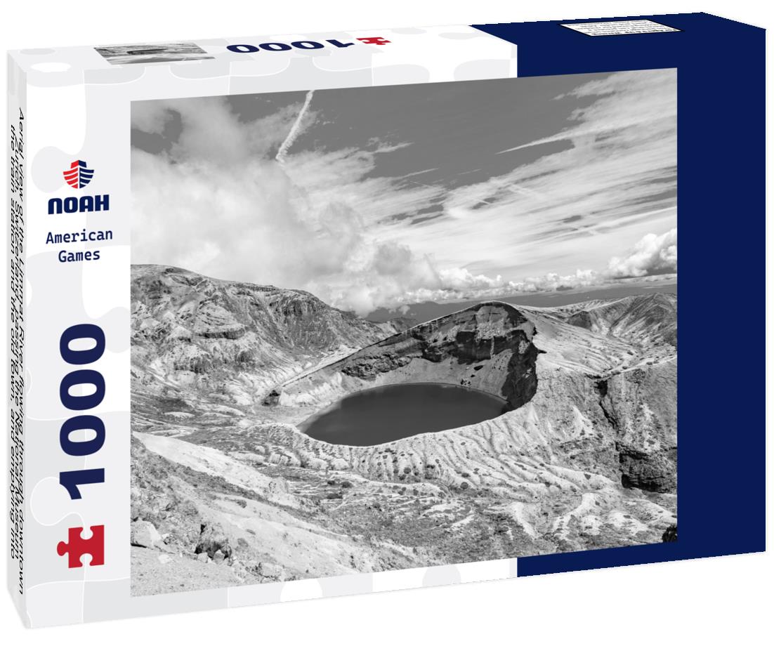 Noah Jigsaw Puzzle Aerial view of the Limmat River flowing through downtown Zurich, Switzerland, passing the National Museum, the train station and the old town, and emptying into Lake Zurich on a sunny summer's day in black white 1000 pieces