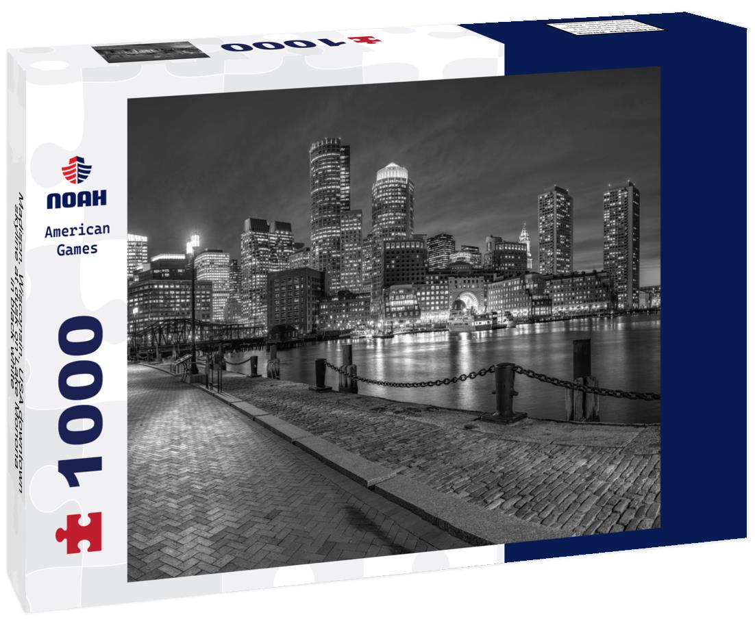 Noah Jigsaw Puzzle Madison, Wisconsin, USA downtown skyline at dusk on Lake Monona in black white 1000 pieces