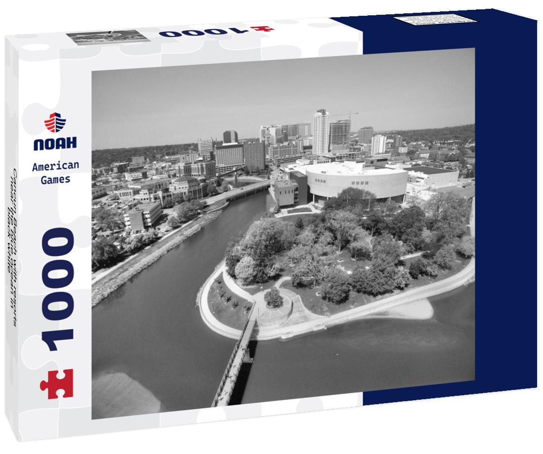 Noah Jigsaw Puzzle Cancun Beach with resorts near the blue ocean in black white 1000 pieces