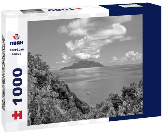 Noah Jigsaw Puzzle A panoramic view of Lake Coeur d'Alene, Idaho, USA with waterfront homes, docks and marina at Rockford Bay in black white 1000 pieces