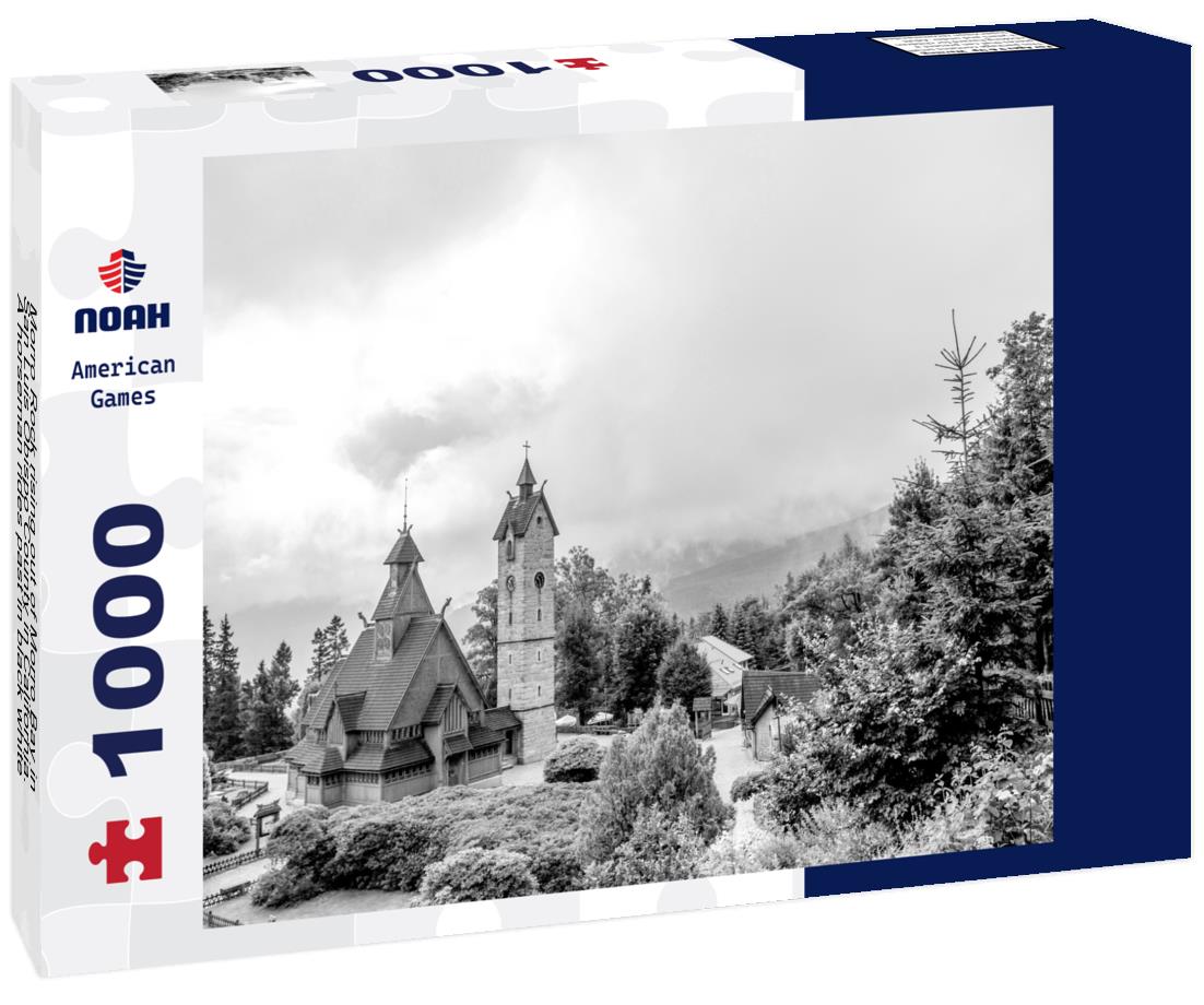 Noah Jigsaw Puzzle Morro Rock rising out of Morro Bay in San Luis Obispo County in California. A horseman rides past in black white 1000 pieces