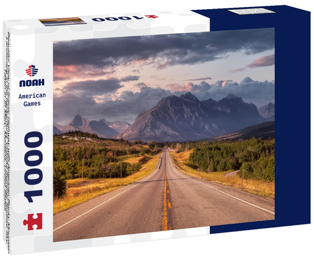 Noah Jigsaw Puzzle Beautiful View of Scenic Highway with American Rocky Mountain Landscape in the background. Colorful Summer Sunrise Sky. Taken in St Mary, Montana, United States 1000 pieces