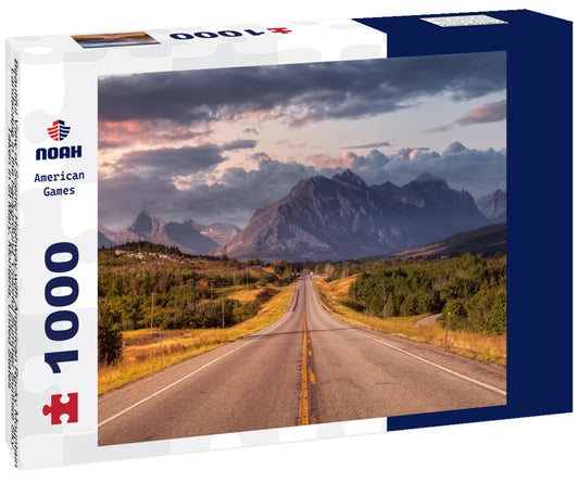 Noah Jigsaw Puzzle Beautiful View of Scenic Highway with American Rocky Mountain Landscape in the background. Colorful Summer Sunrise Sky. Taken in St Mary, Montana, United States 1000 pieces