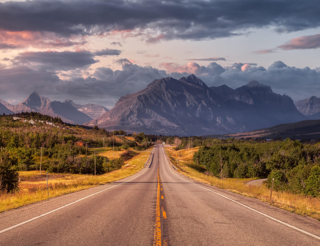 Noah Jigsaw Puzzle Beautiful View of Scenic Highway with American Rocky Mountain Landscape in the background. Colorful Summer Sunrise Sky. Taken in St Mary, Montana, United States 1000 pieces