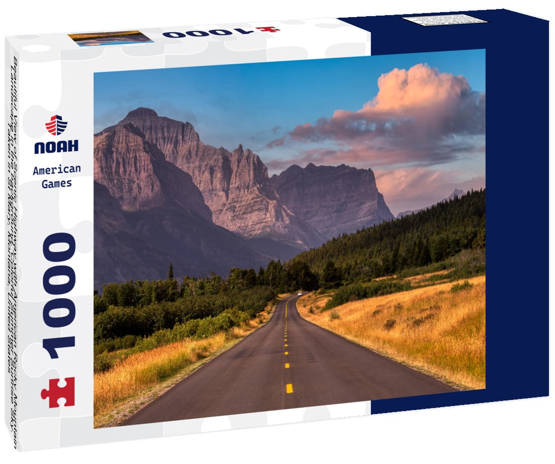 Noah Jigsaw Puzzle Beautiful View of Scenic Highway with American Rocky Mountain Landscape in the background. Colorful Summer Sunrise Sky. Taken in St Mary, Montana, United States 1000 pieces