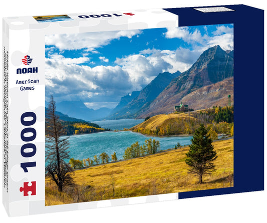 Noah Jigsaw Puzzle Middle Waterton Lake lakes in fall foliage season sunny day morning. Blue sky, white clouds on mountains in background. Landmark in Waterton Lakes National Park, Alberta, Canada 1000 pieces