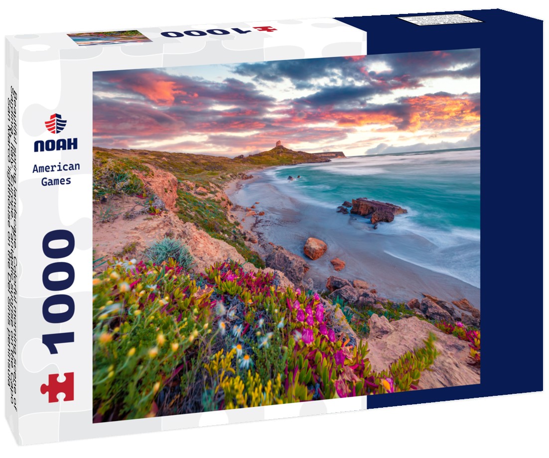 Noah Jigsaw Puzzle Beautiful spring landscape. Colorful morning scene of Sardinia, Italy, Europe. Fantastic sunrise on the Capo San Marco lighthouse on the Del Sinis peninsula 1000 pieces