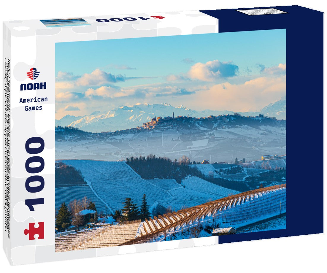 Noah Jigsaw Puzzle Italy Piedmont: Barolo vineyards unique landscape winter sunset, La Morra medieval village hilltop castle, Alps snow-capped mountains background, Italian heritage winemaking 1000 pieces
