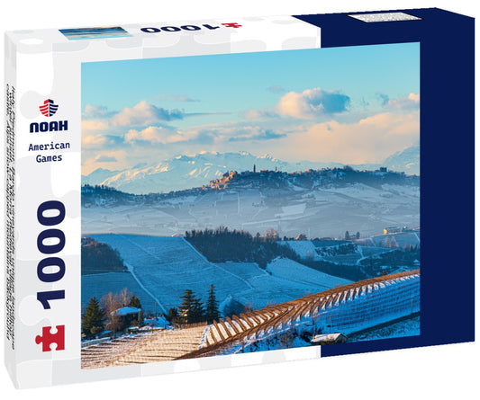 Noah Jigsaw Puzzle Italy Piedmont: Barolo vineyards unique landscape winter sunset, La Morra medieval village hilltop castle, Alps snow-capped mountains background, Italian heritage winemaking 1000 pieces