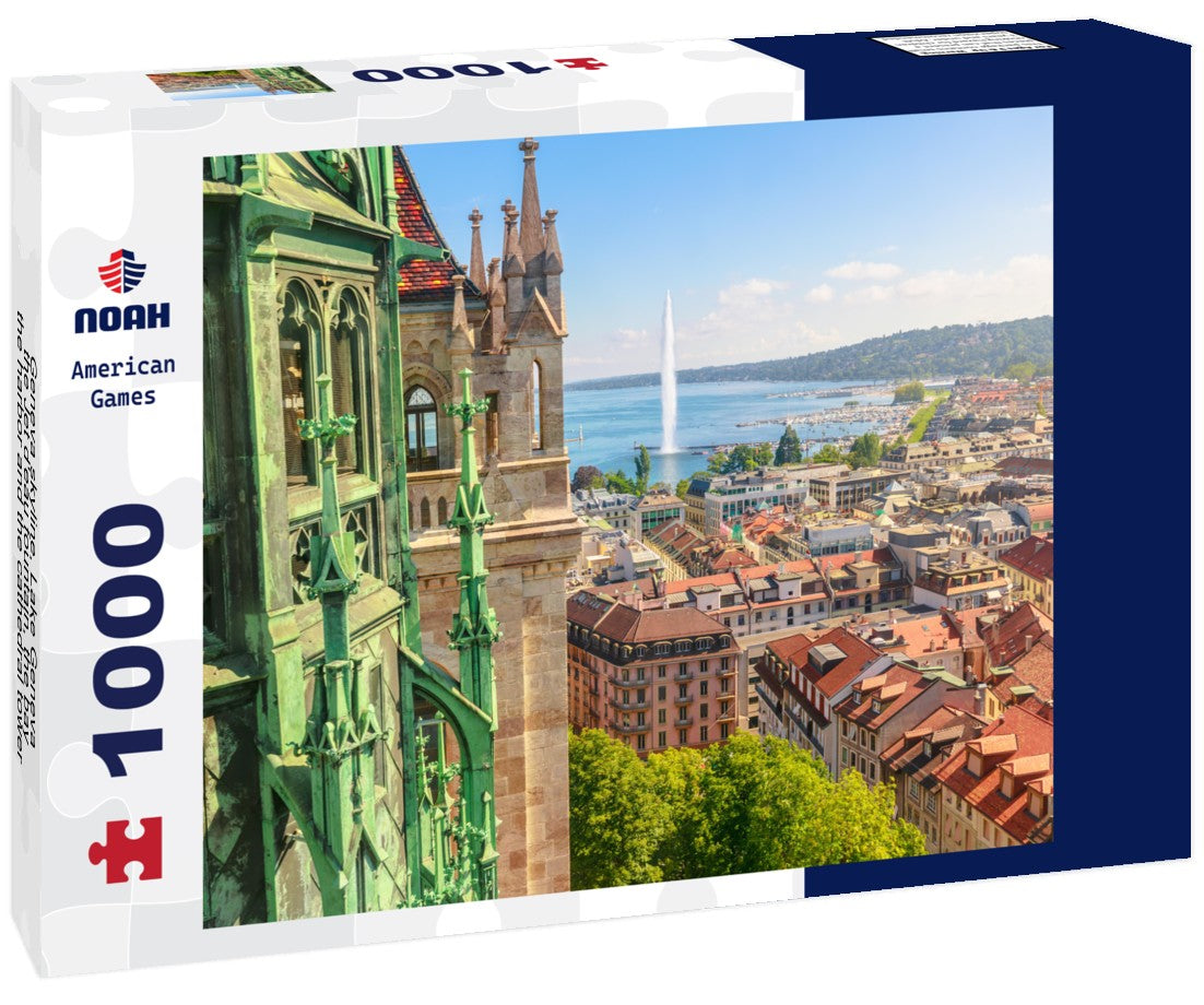 Noah Jigsaw Puzzle Geneva skyline, Lake Geneva, the Jet d'eau fountain, the bay, the harbor and the cathedral tower 1000 pieces