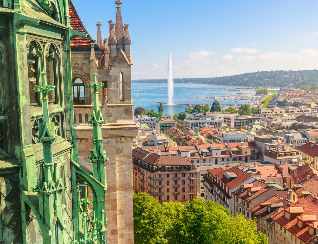 Noah Jigsaw Puzzle Geneva skyline, Lake Geneva, the Jet d'eau fountain, the bay, the harbor and the cathedral tower 1000 pieces