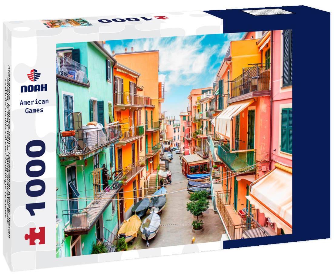 Noah Jigsaw Puzzle Manarola, Liguria Italy. Traditional typical Italian village in the Cinque Terre National Park, colorful multi-colored buildings houses, fishing boats on the road, blue cloudy sky 1000 pieces