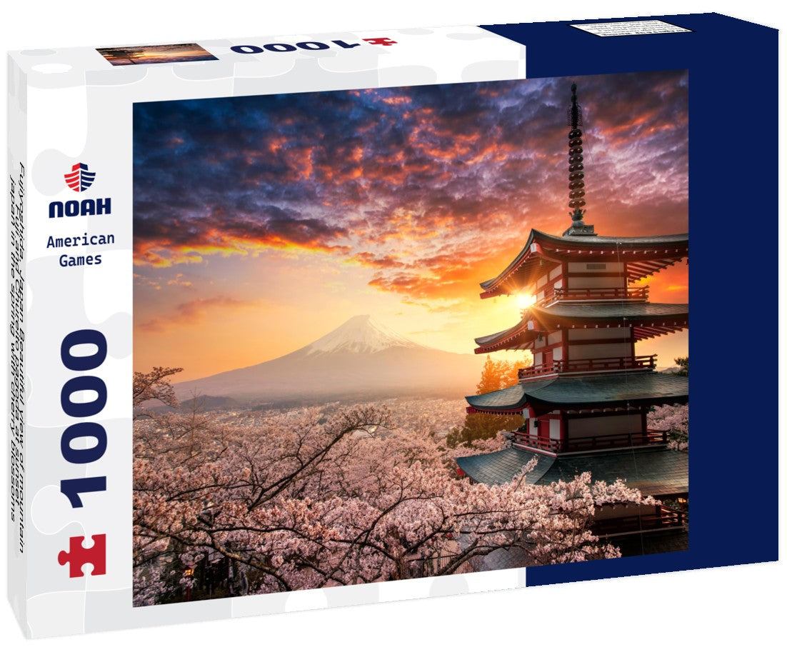 Noah Jigsaw Puzzle Fujiyoshida, Japan Beautiful view of mountain Fuji and Chureito pagoda at sunset, japan in the spring with cherry blossoms 1000 pieces