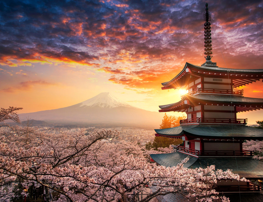 Noah Jigsaw Puzzle Fujiyoshida, Japan Beautiful view of mountain Fuji and Chureito pagoda at sunset, japan in the spring with cherry blossoms 1000 pieces