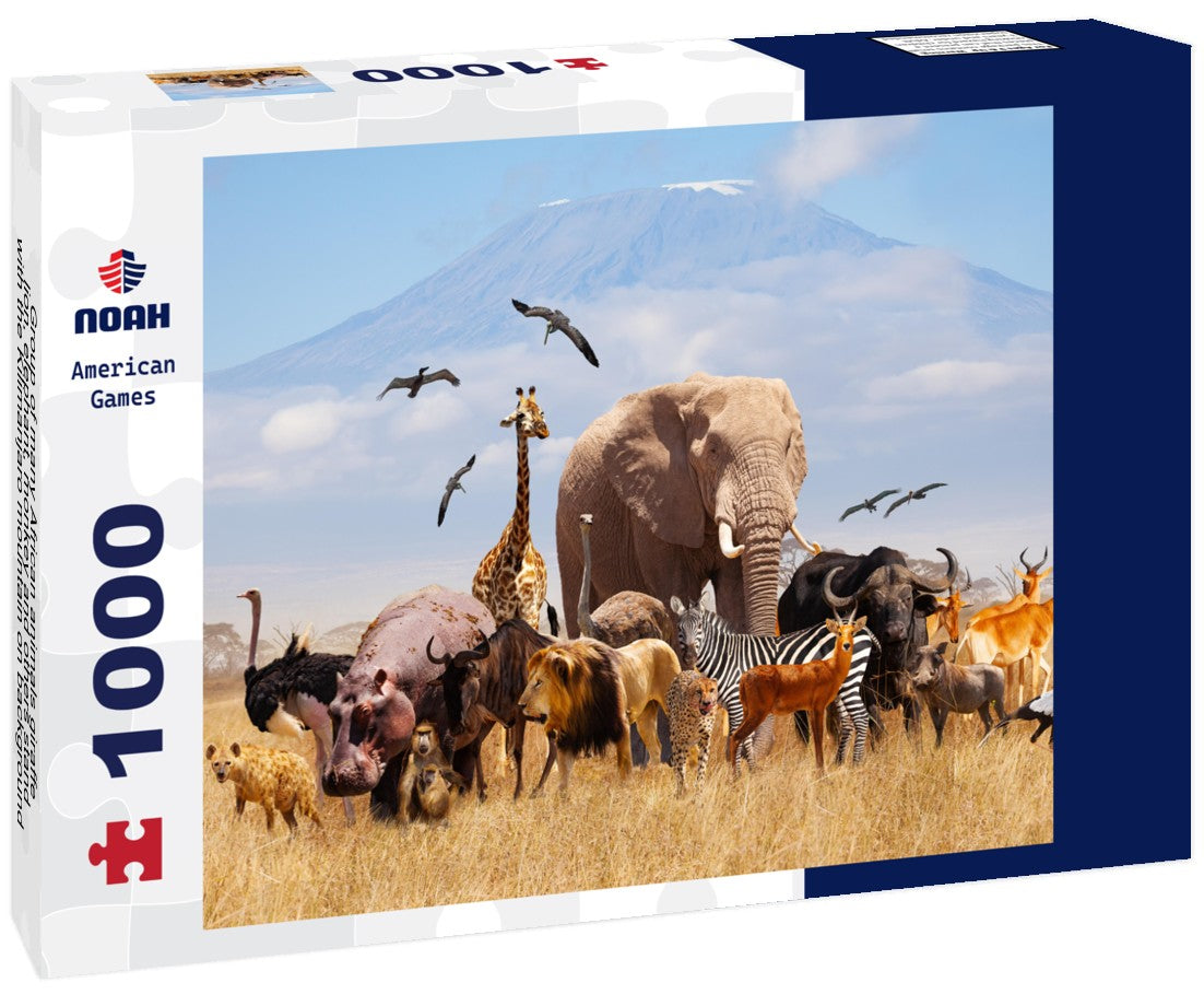 Noah Jigsaw Puzzle Group of many African animals giraffe, lion, elephant, monkey and others stand with the Kilimanjaro mountain on background 1000 pieces