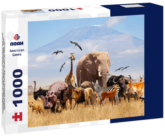 Noah Jigsaw Puzzle Group of many African animals giraffe, lion, elephant, monkey and others stand with the Kilimanjaro mountain on background 1000 pieces