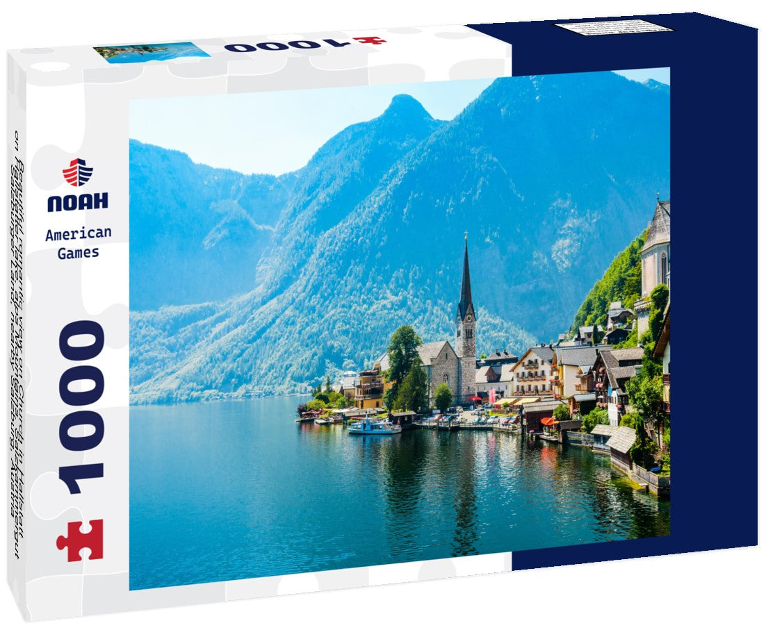 Noah Jigsaw Puzzle Beautiful romantic view on Church in Hallstatt on Hallstatter lake, alps Mountains. Salzkammergut, Salzburger Land, nearby Salzburg, Austria 1000 pieces