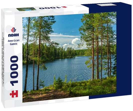 Noah Jigsaw Puzzle Beautiful view of the lake from a small lake in Sweden, with lush green trees, blue sky and sunlight 1000 pieces