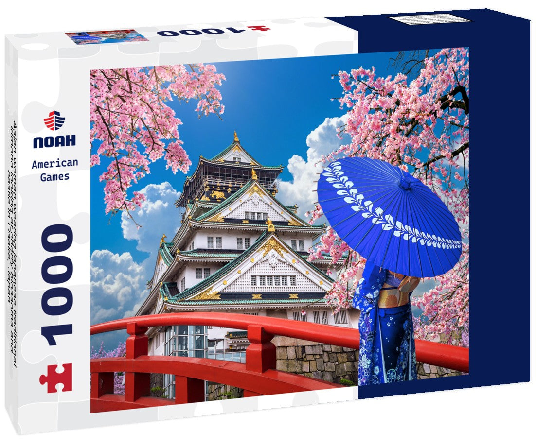Noah Jigsaw Puzzle Asian woman wearing japanese traditional kimono looking at cherry blossoms and castle in Osaka, Japan 1000 pieces