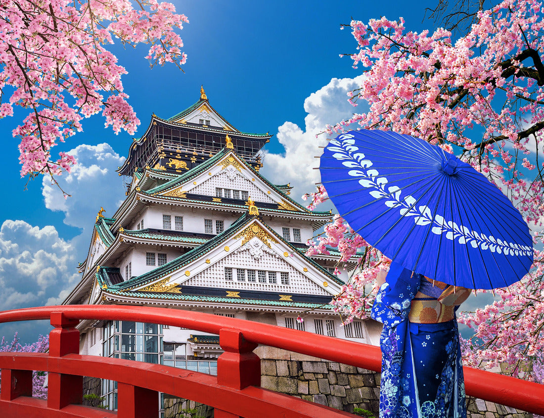 Noah Jigsaw Puzzle Asian woman wearing japanese traditional kimono looking at cherry blossoms and castle in Osaka, Japan 1000 pieces