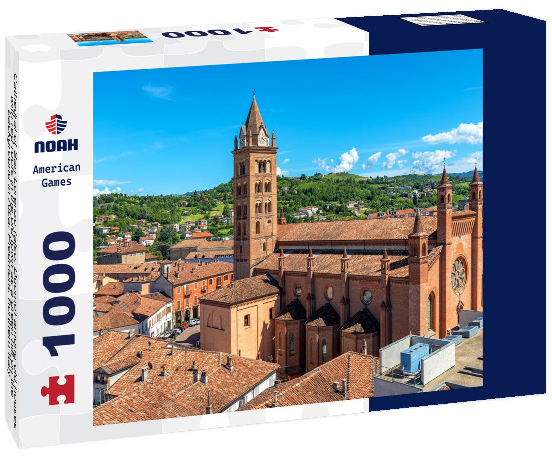 Noah Jigsaw Puzzle Cathedral of San Lorenzo (also: Duomo) among old houses with red roofs in the old town as a green hill on the background in Alba, Piedmont, northern Italy 1000 pieces