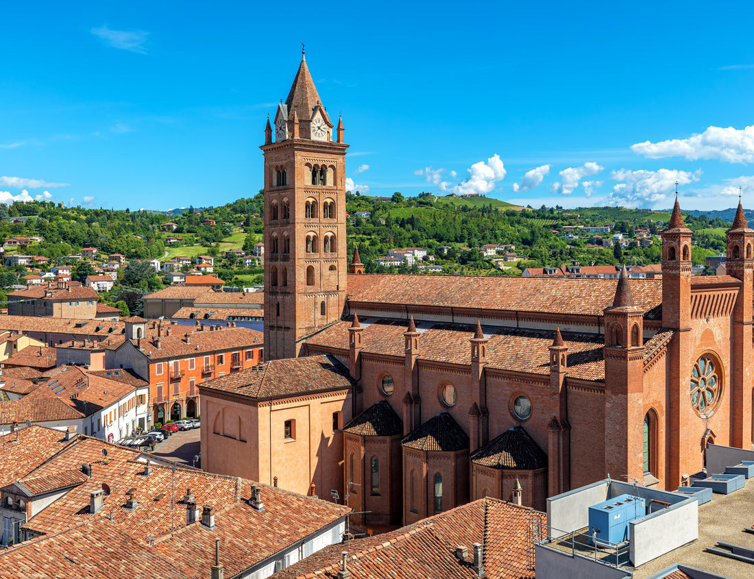 Noah Jigsaw Puzzle Cathedral of San Lorenzo (also: Duomo) among old houses with red roofs in the old town as a green hill on the background in Alba, Piedmont, northern Italy 1000 pieces