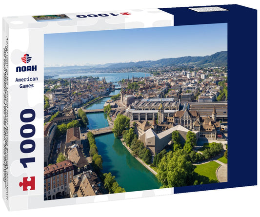 Noah Jigsaw Puzzle Aerial view of the Limmat River flowing through downtown Zurich, Switzerland, passing the National Museum, the train station and the old town, and emptying into Lake Zurich on a sunny summer's day 1000 pieces