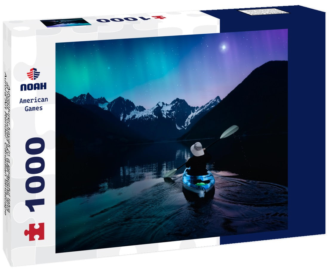 Noah Jigsaw Puzzle Adventurer kayak in a peaceful lake at night. Colored sky with Starts and Aurora Art Render. Canadian landscape from British Columbia, Canada 1000 pieces