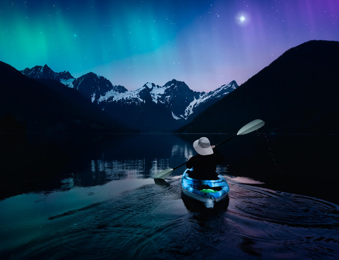 Noah Jigsaw Puzzle Adventurer kayak in a peaceful lake at night. Colored sky with Starts and Aurora Art Render. Canadian landscape from British Columbia, Canada 1000 pieces