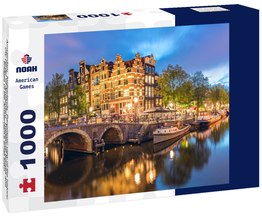 Noah Jigsaw Puzzle Amsterdam, Netherlands. Panoramic view of the historic city center of Amsterdam. Traditional houses and bridges of the Amsterdam's small town 1000 pieces