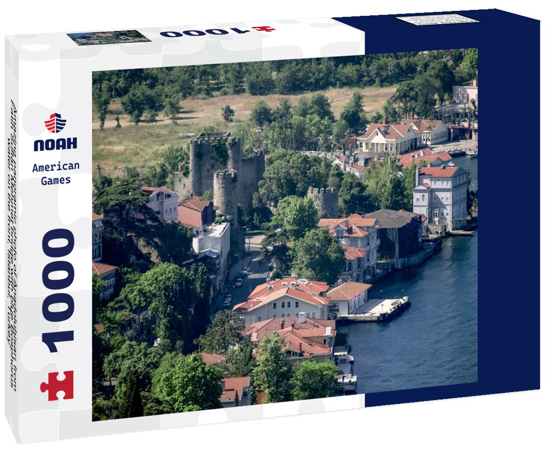 Noah Jigsaw Puzzle Amazing panoramic photo of Anadoluhisari from Fatih Sultan Mehmet bridge with blue Bosphorus water on the front, Istanbul, Turkey 1000 pieces