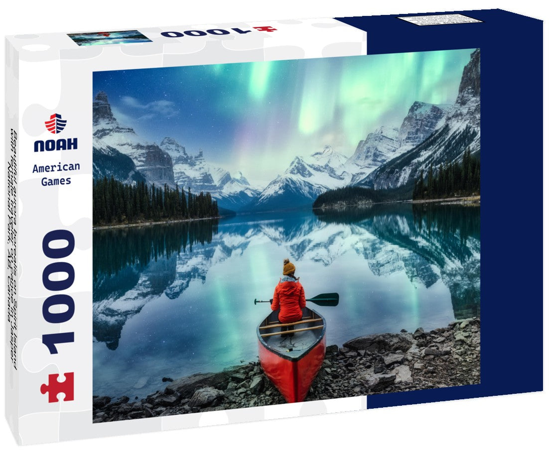 Noah Jigsaw Puzzle Beautiful aurora borealis on Spirit Island with female traveler on canoe in Jasper National Park, AB, Canada 1000 pieces