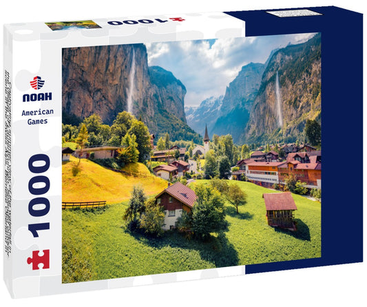 Noah Jigsaw Puzzle Captivating summer view of the waterfall in the village of Lauterbrunnen. Splendid outdoor scene in the Swiss Alps, Bernese Oberland in the Canton of Bern, Switzerland 1000 pieces