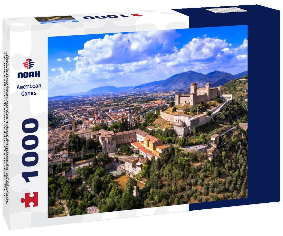 Noah Jigsaw Puzzle Italy's heritage and ancient landmarks of Umbria. Impressive view of the Rocca Albornoz castle and the magnificent Roman bridge Ponte delle Torri. 1000 pieces