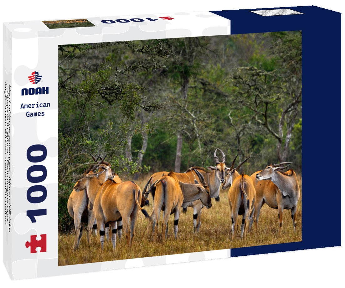 Noah Jigsaw Puzzle Herd of large antelopes, Mburo NP lake, Uganda in Africa. Taurotragus oryx, large brown African mammal in nature 1000 pieces