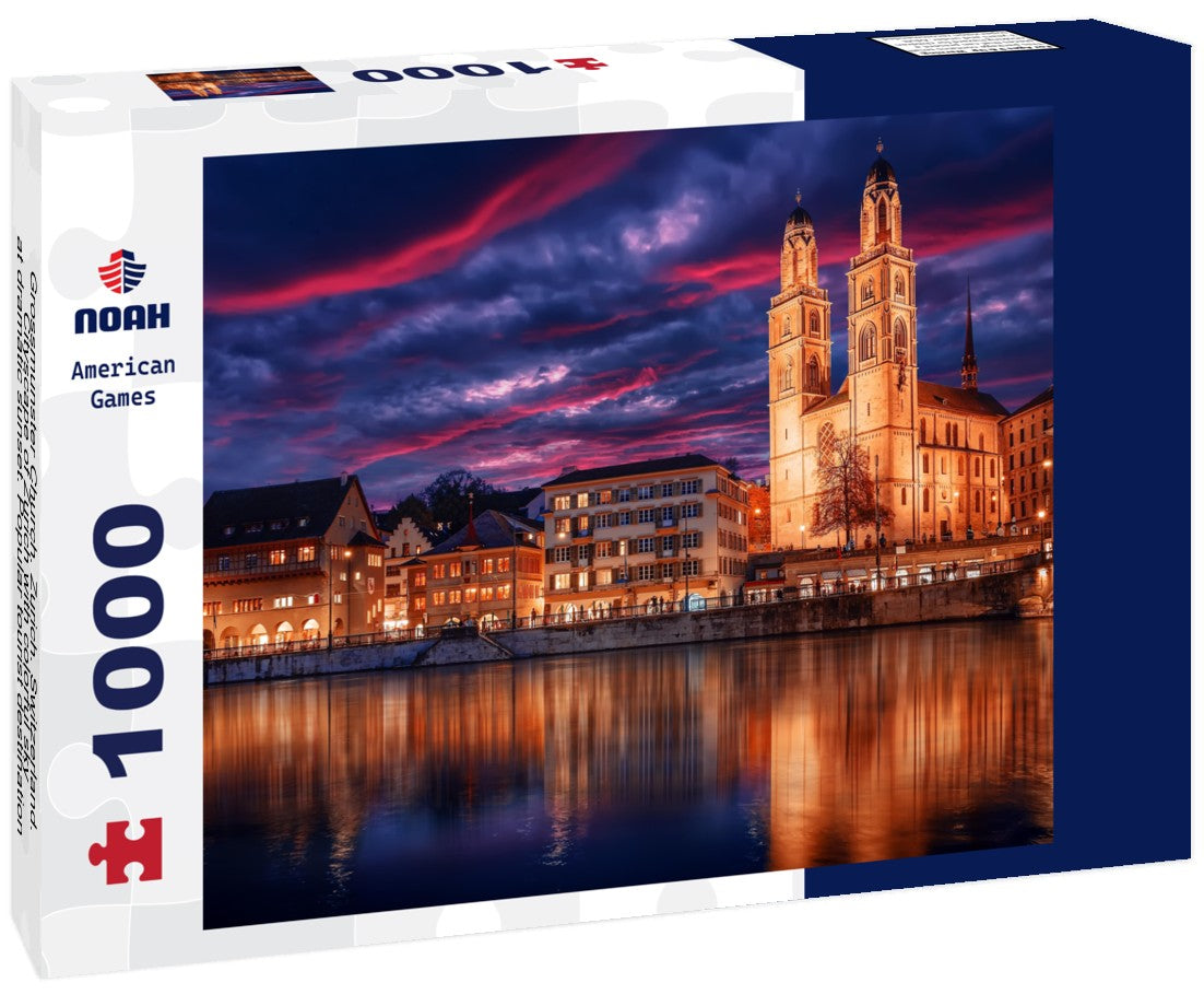 Noah Jigsaw Puzzle Grossmunster Church. Zurich. Switzerland. Cityscape of Zurich with colorful sky, at dramatic sunset. Popular tourist destination 1000 pieces