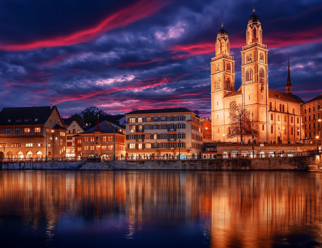 Noah Jigsaw Puzzle Grossmunster Church. Zurich. Switzerland. Cityscape of Zurich with colorful sky, at dramatic sunset. Popular tourist destination 1000 pieces