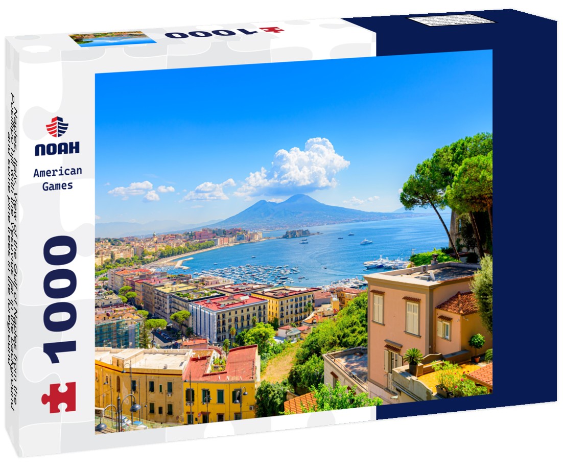 Noah Jigsaw Puzzle Naples, Italy. View of the Gulf of Naples from the Posillipo hill with the Vesuvius far in the background and some pine trees in the foreground 1000 pieces