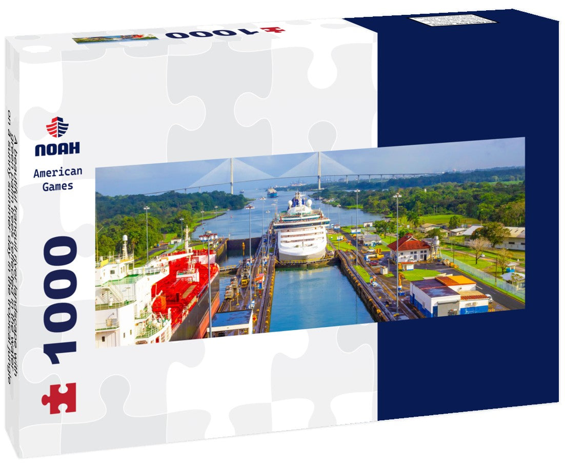 Noah Jigsaw Puzzle A beautiful tranquil river landscape with green palm trees reflected in the water on a sunny summer day in the tropical jungle garden near Portobelo, Panama Panorama 1000 Pieces