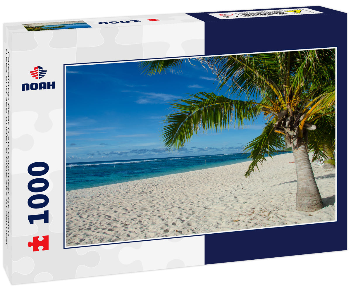 Falealupo Beach surrounded by palm trees and sea under a blue sky in Samoa