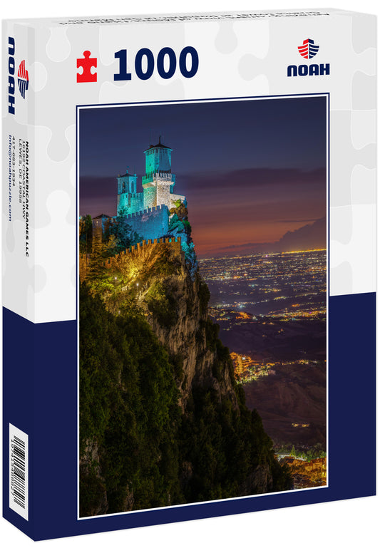 Amazing sunset view of Mount Titano and Guaita tower at Republic of San Marino