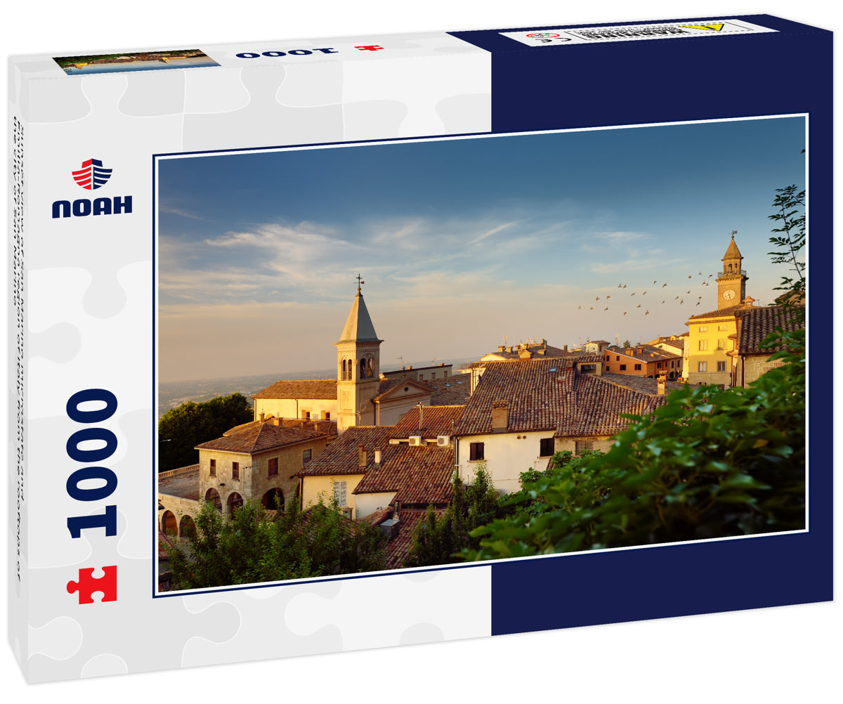 Sunset view of San Marino microstate and Emilia-Romagna region of Italy from the rooftops of the city of San Marino