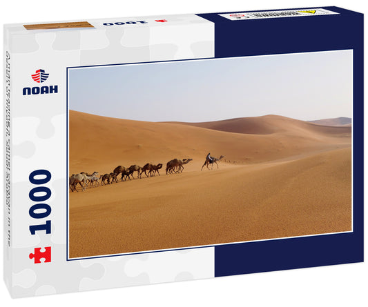 A man leading a camel caravan in the desert of Riyadh, Saudi Arabia