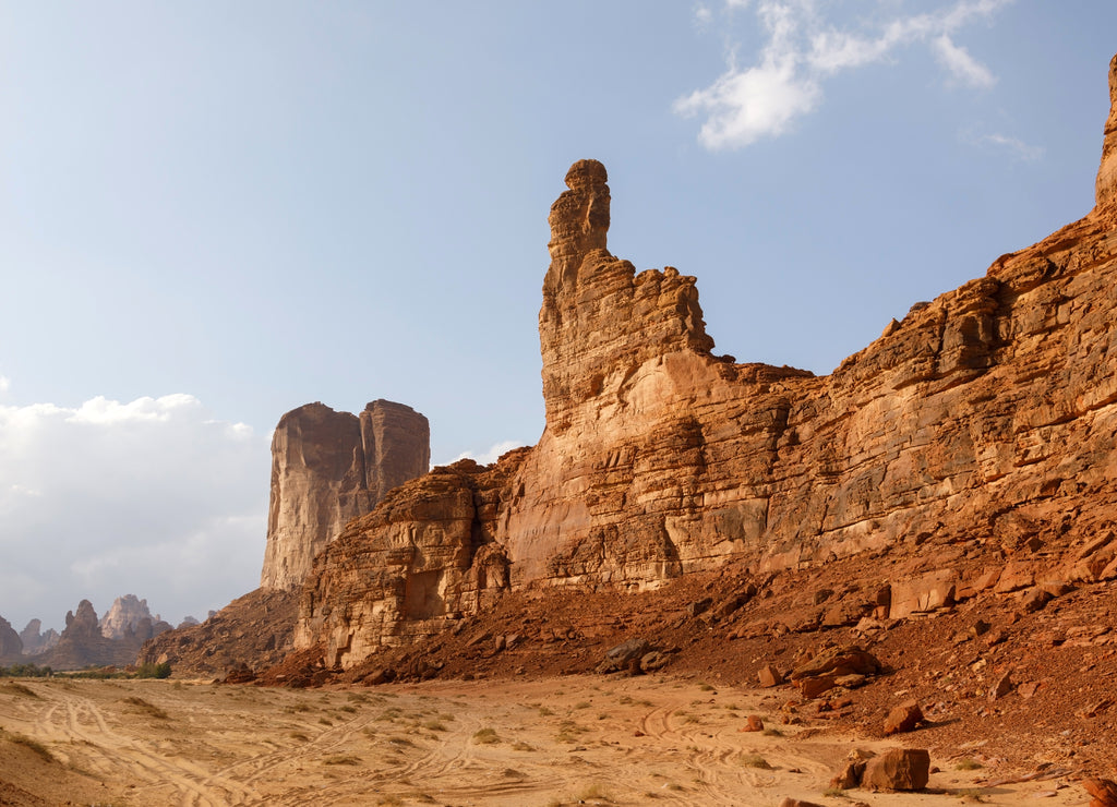 Typical landscape with eroded mountains in the desert oasis of Al Ula in Saudi Arabia