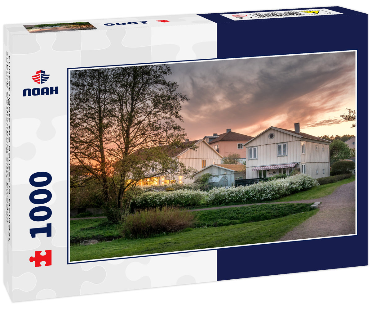 Sunset lights the houses in Molndal, suburb Gothenburg city, Sweden