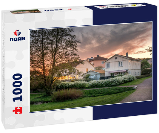 Sunset lights the houses in Molndal, suburb Gothenburg city, Sweden