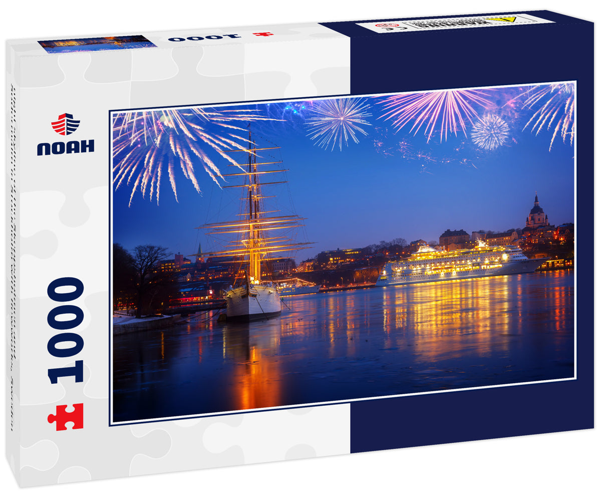 night skyline of the Skeppsholmen and Sodermalm in Stockholm with fiewworks, Sweden