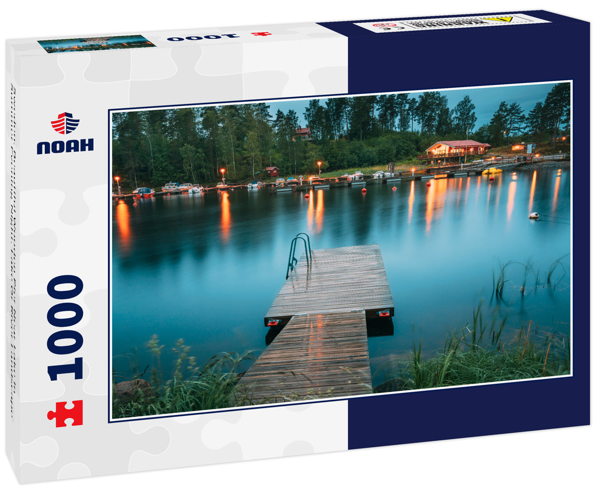 Sweden. Beautiful Wooden Pier Near Lake In Summer Evening Night. Lake Or River Landscape