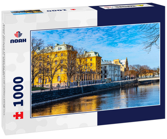 Elite Grand Hotel in Gavle reflecting on river Gavlean, Sweden