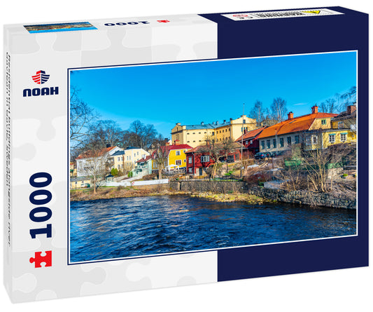 Residential buildings alongside river Gavlean in Gavle, Sweden